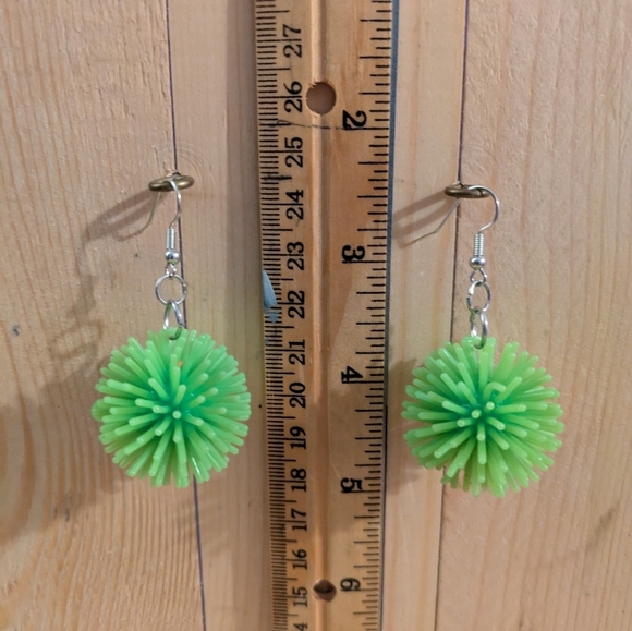Green Pom Pom Earrings - Picture 1 of 3